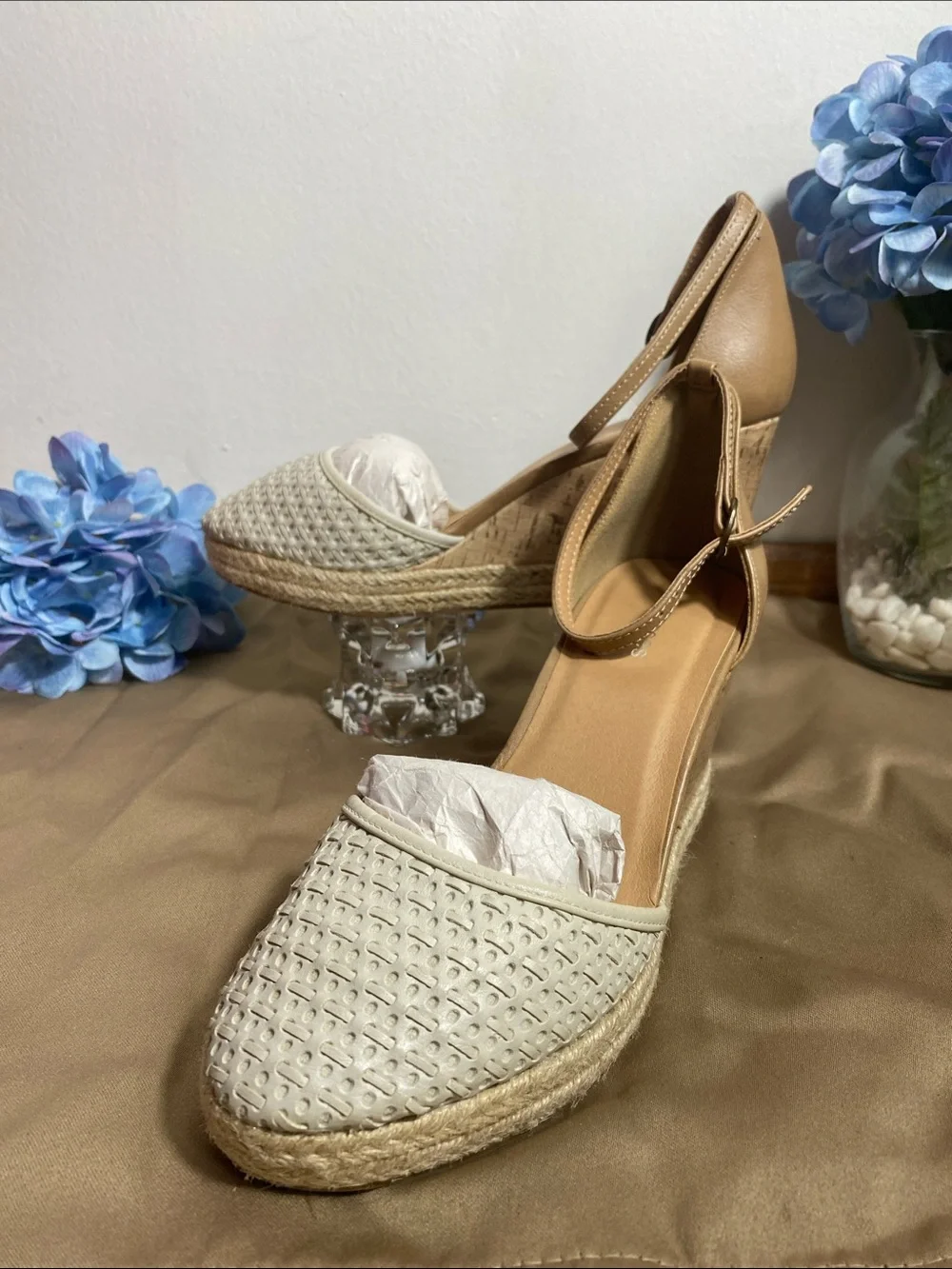 Maurices Cream Woven Espadrille Wedge Sandals with Tan Ankle Strap